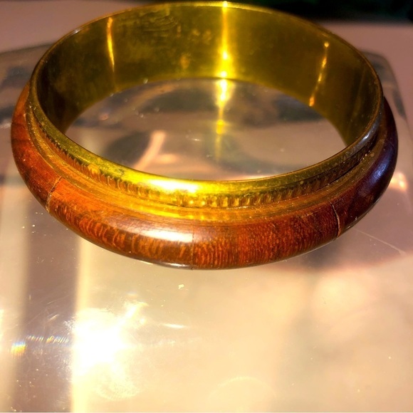 VTG Wood Panel Inlay Brass Bangle GUC 8” / 2.6” Diameter - Picture 2 of 5